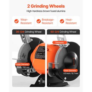 Smerigliatrice da banco a velocità singola da 6 pollici con motore a induzione da 1750 RPM 250W 2A, grana 36/60 per molatura a bassa velocità - Product Image 3