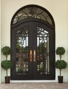 Puerta Doble de Entrada de Hierro Forjado Negro de Lujo con Paneles de Vidrio, Puerta de Entrada Arqueada Decorativa para Entrada de Casa o Villa - Product Image 1