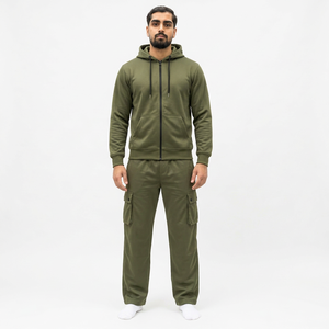 Survêtement streetwear pour homme, beige, à capuche, épais, manches longues, avec cordon de serrage, décontracté, poches latérales, respirant, uni - Product Image 2