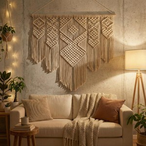 Arazzo da Parete Bohemien in Macramè con Motivo Geometrico Astratto, Decorazione per la Casa in Cotone, Arte per Soggiorno, Confezione Singola - Product Image 1