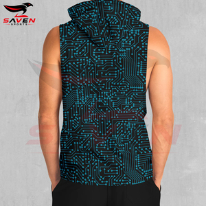 Outer Wear With Customized Logo Printed Breathable Soft Touch Material In Wholesale Blue Cybernetic <b>Sleeveless</b> <b>Hoodies</b> For Men - Product Image 3