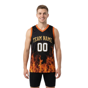 Conjunto de Uniforme de Baloncesto para Hombre, 100% Poliéster, Absorbente de Humedad, Estampado de Llamas, Camiseta sin Mangas con Cuello en V, Pantalones Cortos Ajustados Lisos, Nombre del Equipo - Product Image 1