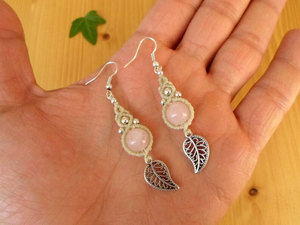 Handmade Rose Quartz Macrame Dangle Earrings Pink Gemstone Gold <b>Leaf</b> Boho Bohemian Handcrafted Artisan Jewelry - Product Image 2