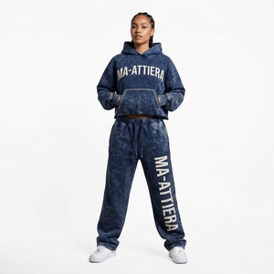 Custom <b>Women</b> Acid Wash <b>Navy</b> Blue Cropped Hoodie Jogger Set Cotton Fleece Streetwear Tracksuit OEM Wholesale - Product Image 1