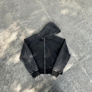 Sweat-shirt à capuche zippé oversize pour homme, couleur unie, en molleton bouclette délavé, coupe décontractée, idéal pour l'automne - Product Image 3