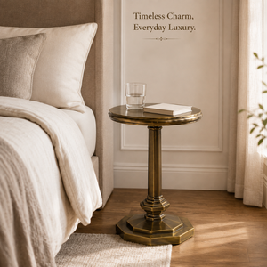 Modern <b>Round</b> Pedestal <b>Side</b> <b>Table</b> with Antique Brass Finish | Elegant Metal Accent End <b>Table</b> with Decorative Column Base for Home - Product Image 2
