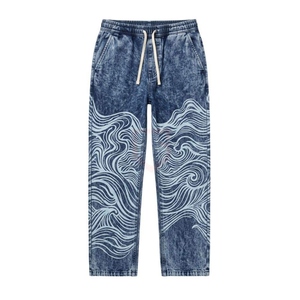 Men's Stonewashed Denim Sweatpants With Wave Print <b>Elastic</b> Waist Drawstring Casual Cotton Pants Summer Style - Product Image 1