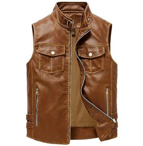 <b>Men's</b> Brown Leather Winter Breathable Moto <b>Vest</b> with Adjustable Waist Belt Turn-down Collar Regular Fit Outerwear - Product Image 1