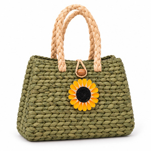 Sac à main personnalisé en jacinthe d'eau tressée, motif floral ajouré, fait main, avec deux poignées en bambou et fermeture éclair pour femme - Product Image 1
