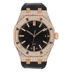 Montre mécanique haut de gamme pour homme, ton or rose, lunette sertie de diamants, bracelet en cuir noir de luxe, verre saphir, montre en moissanite - Product Image 5