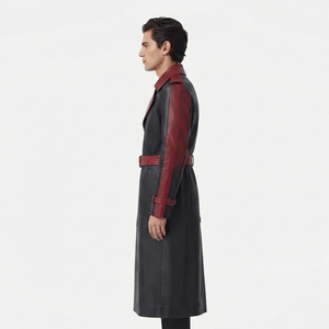 <b>Men</b> Button Leather Breasted Trench <b>Coat</b> 100% PU Leather Turn-Down-Collar Leather <b>Long</b> <b>Coat</b> <b>Mens</b> Leather Overcoat With Waist Belt - Product Image 3