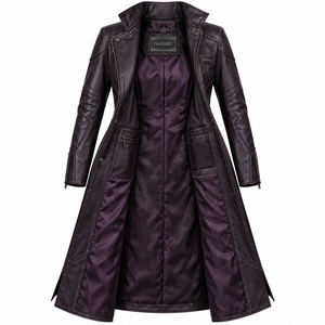 Manteau long asymétrique en cuir violet foncé sur mesure pour femme avec col montant et fermeture éclair – Fabricant OEM - Product Image 5