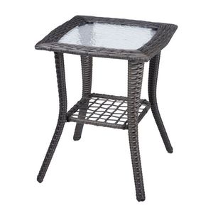 Outdoor Grey Wicker Side Table with Glass Top Rattan End Table for Patio Coffee Bistro Table for Indoor Garden Porch Balcony - Product Image 1