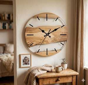 Live Edge Wood Glass <b>Wall</b> <b>Clock</b> – Rustic Boho <b>Silent</b> Home Decor (30cm) - Product Image 1