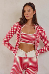 Plaid Red Gingham 3 Piece Yoga <b>Set</b> <b>Square</b> Neck Spaghetti Strap High Waist Shorts Contrast Breathable Cotton Spandex Fitness - Product Image 3