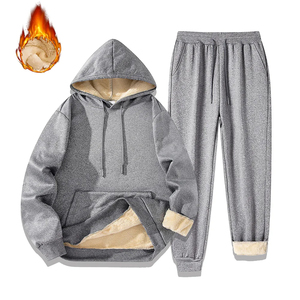 Ensemble de survêtement d'hiver pour homme, 2 pièces, imprimé, doublure polaire, sweat-shirt à capuche avec cordon de serrage, pantalon de jogging, couleur unie, manches longues - Product Image 6
