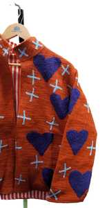 Chaqueta Bomber Unisex de Algodón Color Naranja Quemado, Bordado a Mano con Aplique de Corazón Morado, Cuello Alto Floral, Estilo Boho Tejido, para Verano - Product Image 3