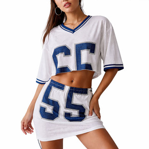 Ensemble deux pièces maillot de football américain en maille pour femme : crop top et mini-jupe, numéro en strass, respirant, polyester, vêtement de sport, t-shirt - Product Image 1