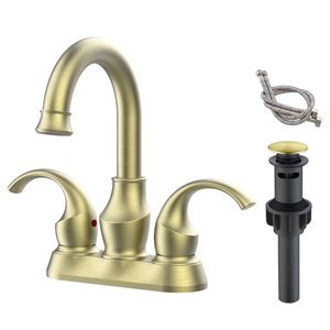 Crescent Moon Style 4-Inch Centerset Bathroom Faucet 2-Handle Brushed Gold 360 Degree Rotating Spout Pop Vanity Sink Accessory - Product Image 1