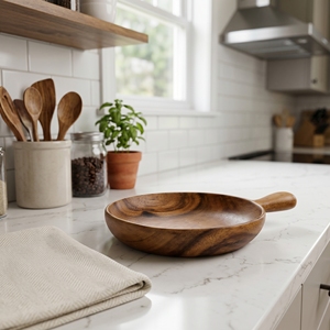 Food Grade Suar Wood Medium Round Plate With Handle Serving <b>Board</b> <b>Light</b> Brown Twenty One Centimeter Diameter Thirty One Cms Long - Product Image 4