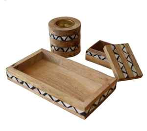 Support d'encens en bois avec coupelle en laiton et motif géométrique noir et blanc incrusté de coquillages – Fourniture directe usine - Product Image 3