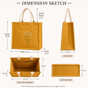 Sac fourre-tout en jute jaune avec fleurs brodées, grande taille, sac de shopping à porter à la main - Product Image 2