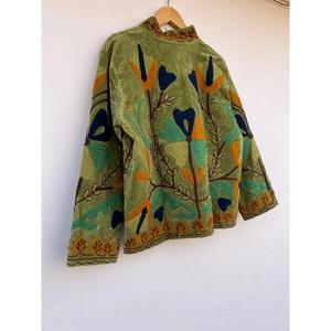 Premium Green Floral Embroidered Knitted Breathable Cotton Suzani <b>Jacket</b> Autumn Winter Regular Coat Gift Her - Product Image 4