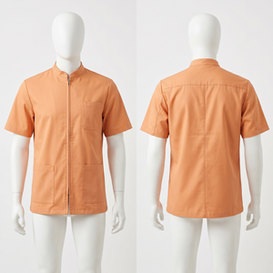 เสื้อเชิ้ตช่างตัดผมชาย 180 GSM ผ้าโพลีคอตตอนพรีเมียม ซิปด้านหน้า ชุดยูนิฟอร์มร้านเสริมสวย ปักลายด้านหลัง ปักโลโก้แบบ DTF ได้ - Product Image 1