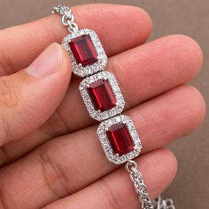 Trendy Everyday Garnet Emerald-Cut Chain <b>Bracelet</b> Rhodium Plated 925 Sterling Silver for Wedding Party Gift Occasions - Product Image 1