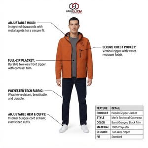 Men's Orange Hooded <b>Fleece</b> Jacket with Zipper Closure and Chest Pocket Casual Autumn Windproof 100% Polyester - Product Image 5