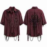 Herren-Jeanshemd in Grau mit schwarzem Spritzer-Print, Ketten und zerrissenem Saum im Gothic-Stil, Kurzarm-Gothic-Hemden