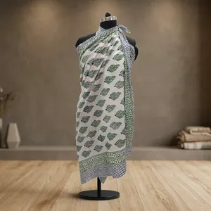 Hand Block Printed Cotton Sarong <b>Wrap</b> Dress Green Floral <b>Beach</b> Cover Up Summer Pareo Scarf Women Wear Stylish - Product Image 5