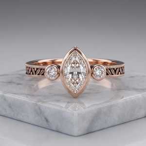 Bague Art Déco 2 carats en moissanite taille marquise, trois pierres, en argent 925 original plaqué or rose, cadeau de promesse ou de mariage pour les amoureux - Product Image 3