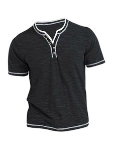 เสื้อยืดเฮนลีย์แขนสั้นทรงปกติสำหรับผู้ชาย ผ้าฝ้าย 100% สีพื้นเรียบง่าย สวมใส่สบาย แต่งขอบตัดสี - Product Image 4