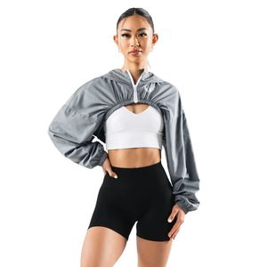 Women's Silver Gray Cropped Windbreaker <b>Jacket</b> Lightweight Full Zip Running <b>Workout</b> Gym Activewear Long Sleeve Sports <b>Jacket</b> - Product Image 1
