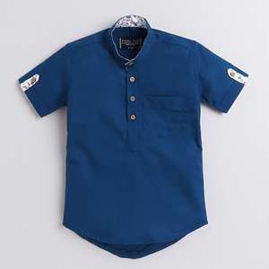 Polka Tots Media manga corta Kurta Floral Placket y roll over loop-Azul oscuro - Product Image 1