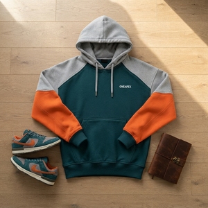 Sudadera con capucha de forro polar para hombre, color verde azulado con bloques de color y mangas naranjas, estilo oversize, streetwear, casual, deportiva, personalizada, al por mayor - Product Image 5