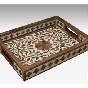 Plateau en bois fait main avec incrustation de mosaïque bleue, plateau de service décoratif pour ottoman, plateau rectangulaire rustique en bois pour table basse - Product Image 5