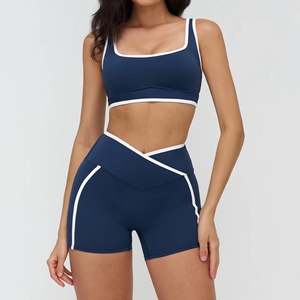 OEM Women's Summer Sports <b>Yoga</b> Suit <b>Set</b> Front Logo Breathable Solid Color Elastic Waist Hip Tie Dye Quick Drying Short Tops - Product Image 4