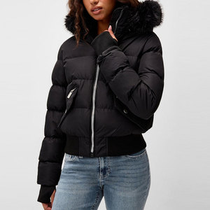 Blouson matelassé court pour femme avec capuche en fourrure, coupe ajustée, coupe-vent, deux poches zippées, rembourrage épais en laine chaude - Product Image 1