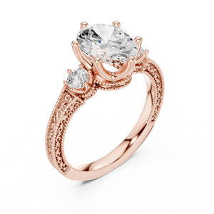 Bague en moissanite de qualité supérieure, taille ovale, avec pierres latérales rondes, or rose sur argent sterling, trois pierres - Product Image 4