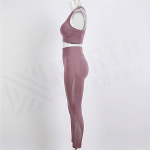Conjunto de yoga sin costuras para mujer, bra deportivo de malla y leggings de cintura alta de longitud completa - Product Image 3