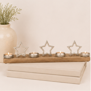 Handmade Rustic Mango Wood Advent Candle Holder Tray With 4 Silver Aluminum Stars Decorative Christmas Centerpiece For Home Use - Product Image 6