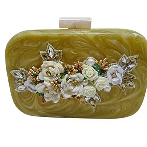 Cream Resin Bridal Clutch Handmade Flower Crystal Evening Purse Custom Wedding Decoration Gift - Product Image 1