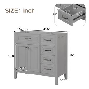 Mobile da Bagno con Struttura Solida da 36 Pollici, Base in MDF Grigio con Cassetti, Solo Base Senza Lavabo - Product Image 2