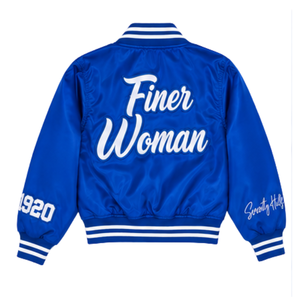 เสื้อแจ็คเก็ตซาตินทรงบอมเบอร์ Zeta Phi Beta สำหรับผู้หญิง สีน้ำเงินรอยัล ขาว ตัวอักษร ZETA แบบโค้ง ผ้าทวิลล์ ปี 1920 ติดกระดุมแบบ Snap ระบายอากาศได้ดี สำหรับชมรมนักศึกษา - Product Image 2