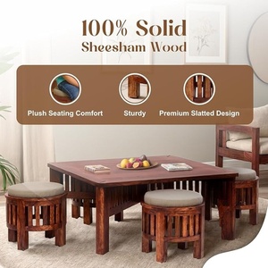 Handcrafted Wooden Round Top <b>Stool</b> <b>with</b> Cushion Honey Finish Multipurpose Side <b>Table</b> Footrest for Living Room Bedroom Lounge - Product Image 5