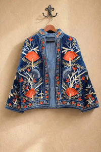 Veste bomber en velours réversible brodée à la main Suzani, motif floral vintage, doublure en coton, été, automne/printemps, hiver - Product Image 1