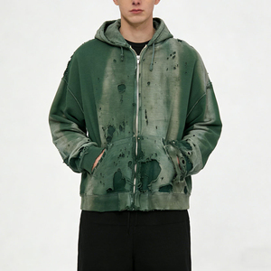 Sudadera con capucha vintage verde desgastada con cremallera, estilo oversize, lavada, estilo streetwear para hombre y mujer - Product Image 1