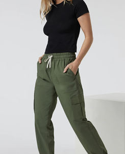 Pantalon cargo décontracté pour femme, taille haute, éco-responsable, respirant, coupe skinny élastique, avec cordon de serrage, poches cargo, devant plat, couleur unie, printemps - Product Image 5